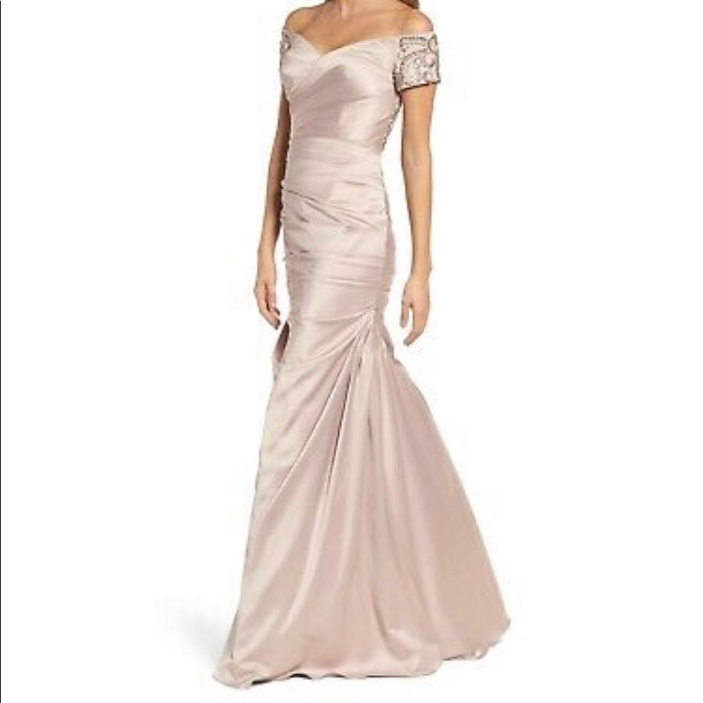 LA FEMME Beaded Back Crepe Satin Mermaid